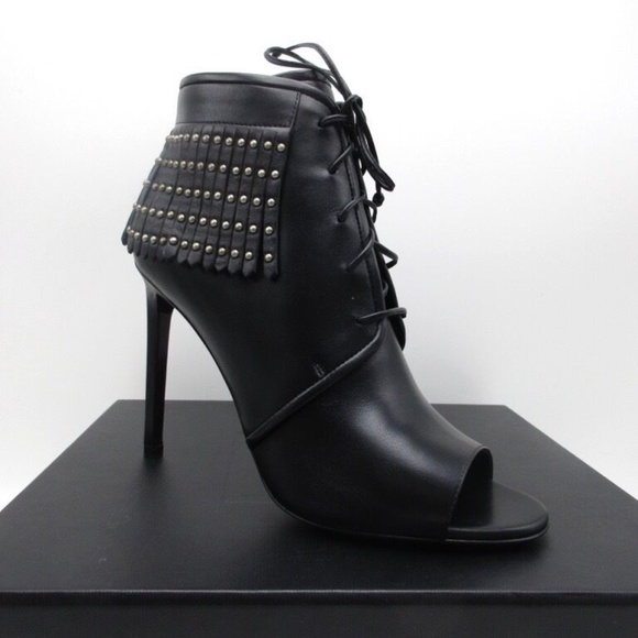 YSL Yves Saint Laurent Black Jane Studded Peep Toe Fringe Boots Booties … - Picture 2 of 4